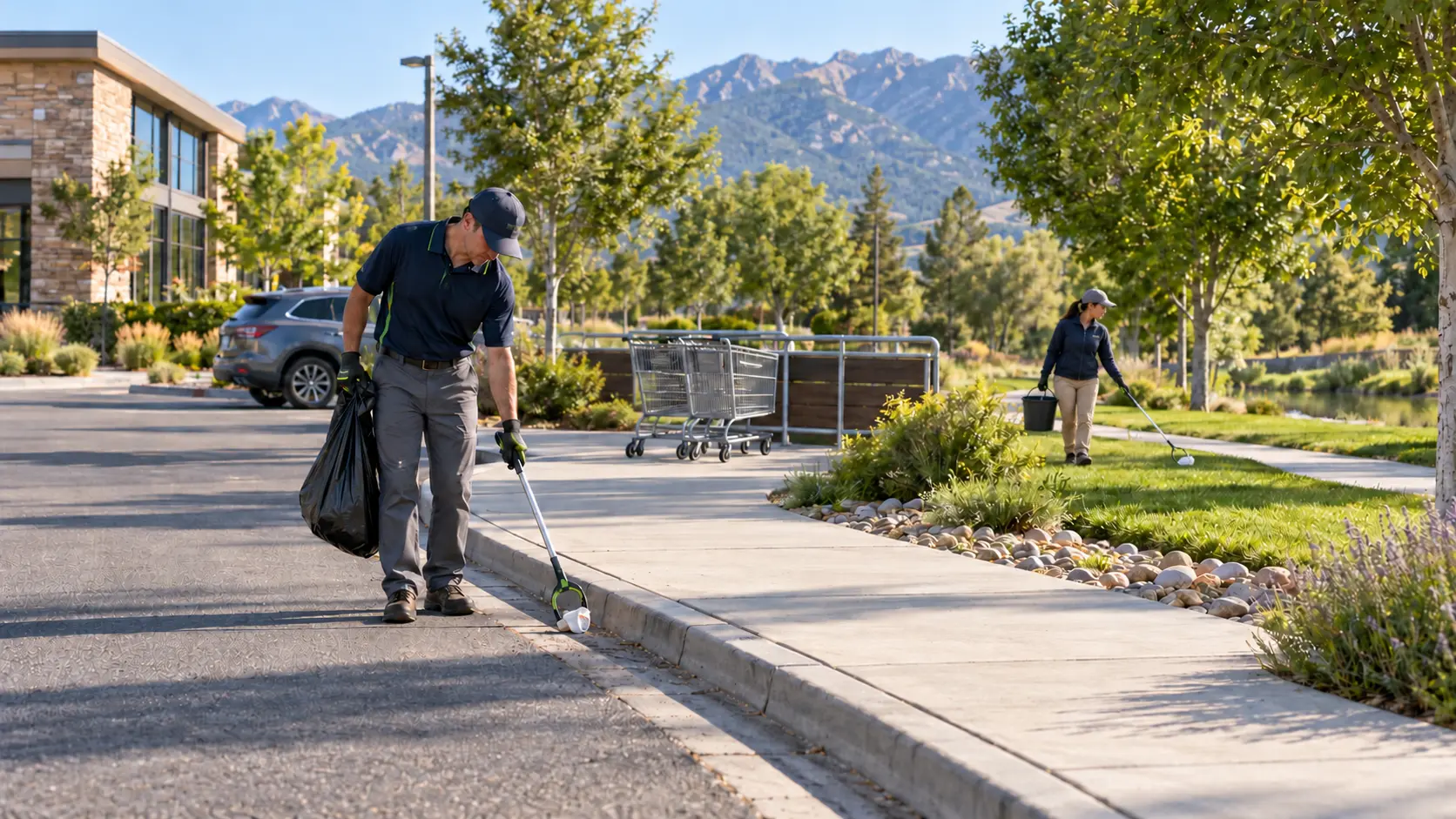 Two distinct workers performing light litter pickup beside a community greenbelt and unbranded cart corral