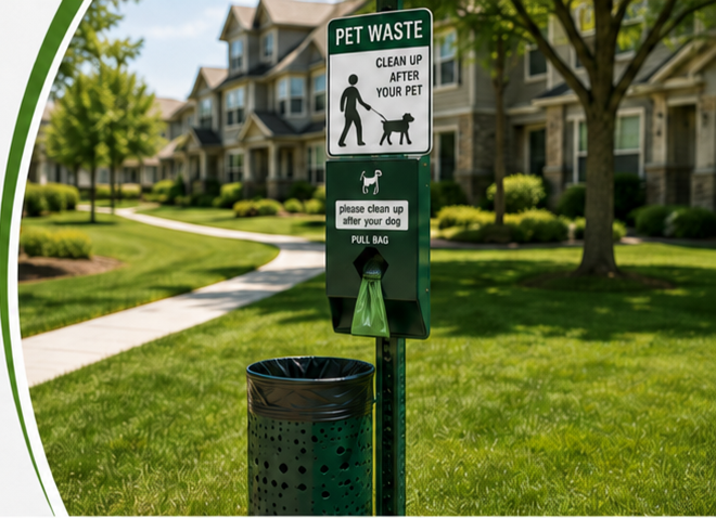 Clean grassy HOA area and pet waste station